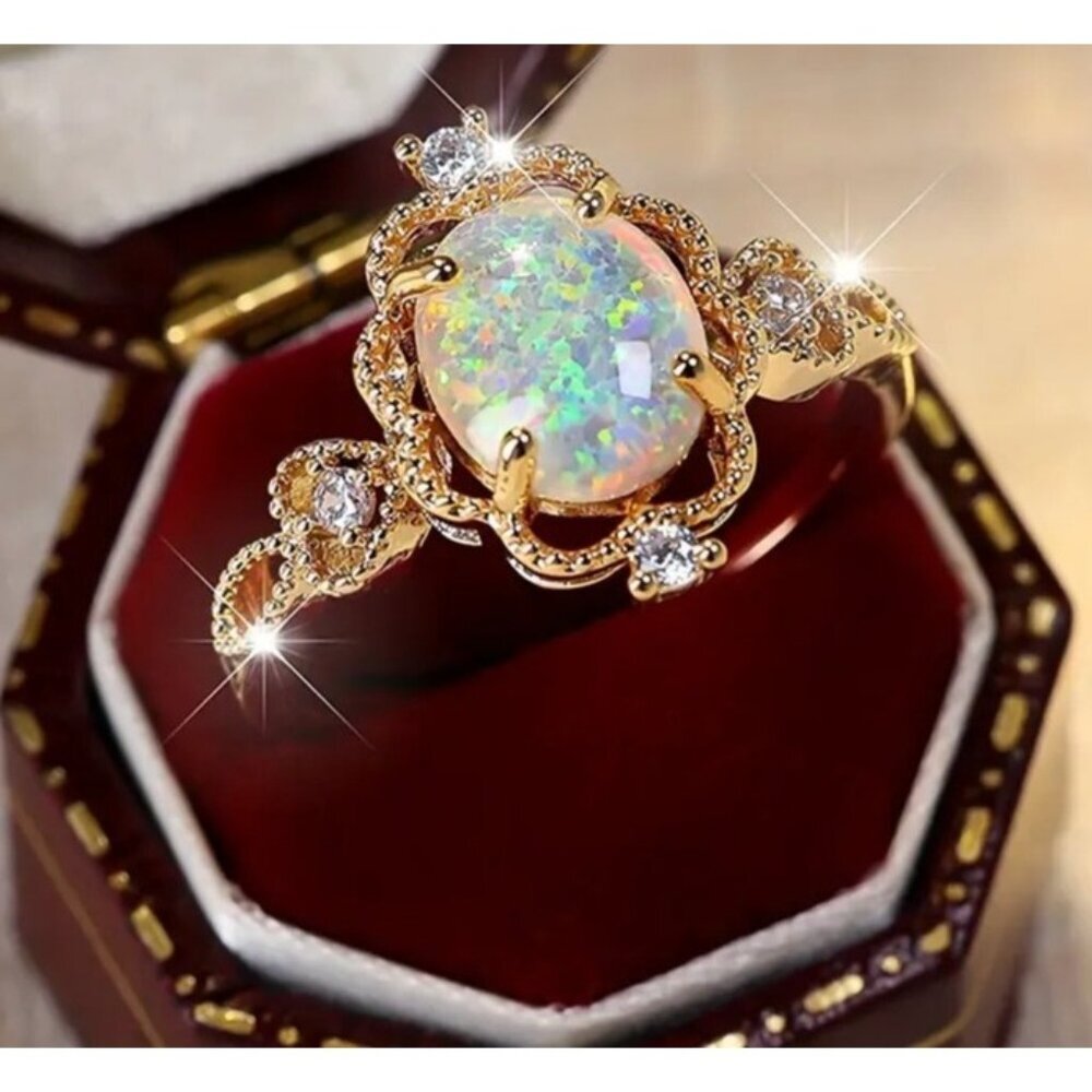 White Egg Shape Opal Rings Ethiopian Fire Opal Engagement Ring 14K Gold plated